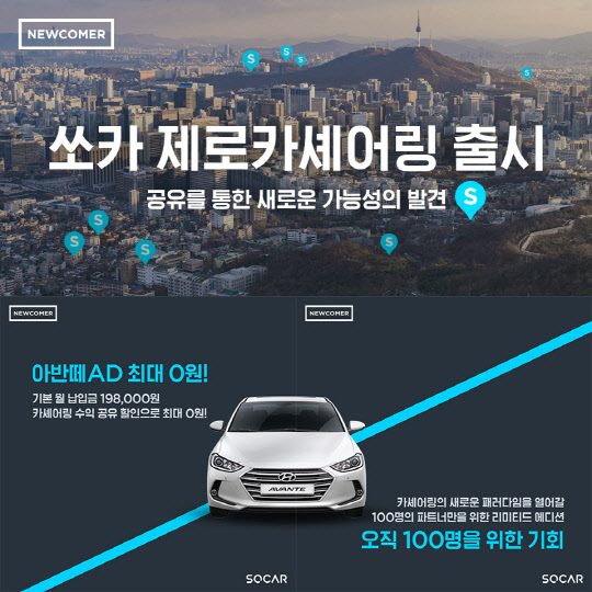 카셰어링 업체 쏘카는 차량공유로 발생하는 수익으로 대여료를 할인받을 수 있는 장기 카셰어링 상품 '제로카셰어링'을 출시한다. <쏘카 제공>